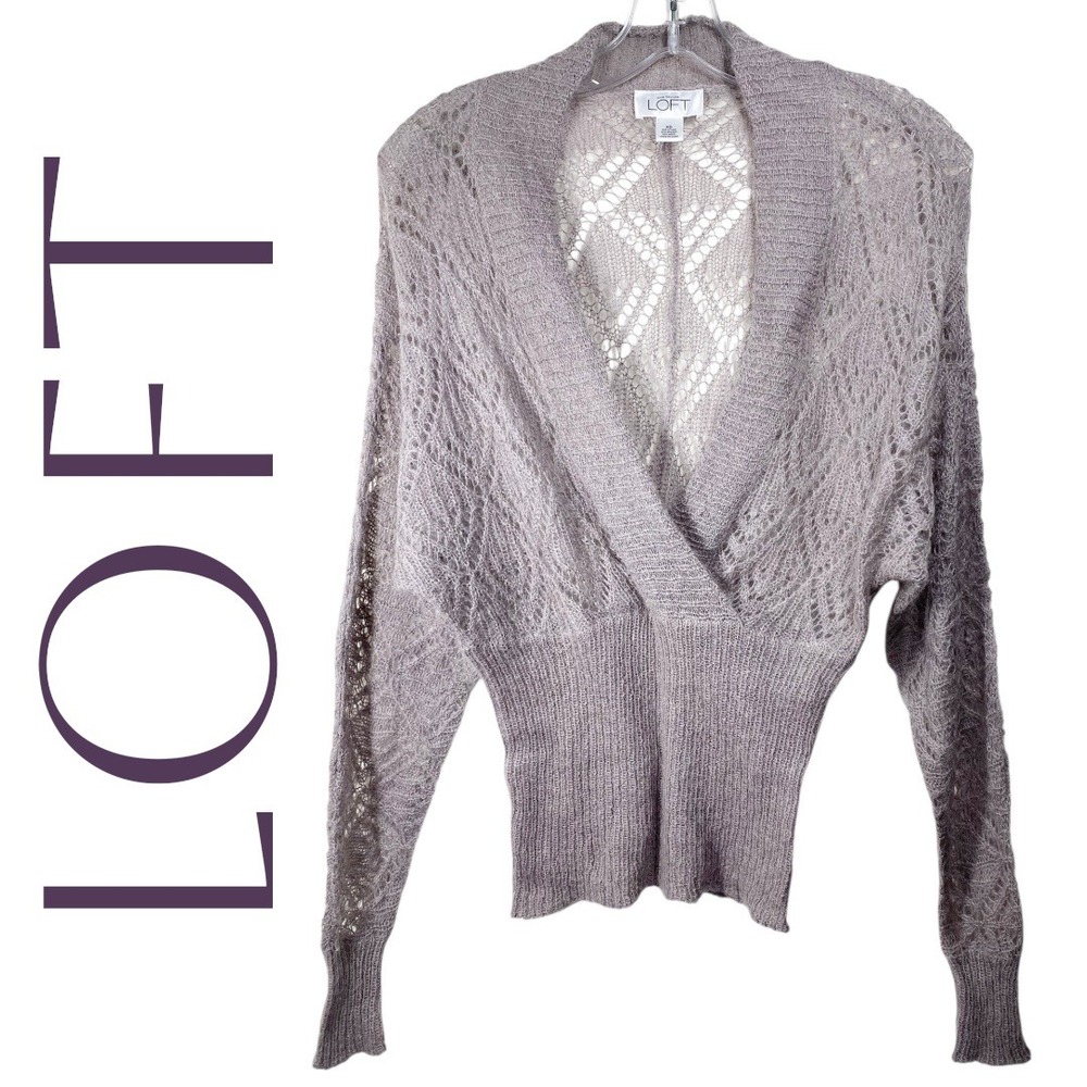 LOFT Sheer Mohair Blend Fuzzy Faux Wrap Sweater Balletcore Open Knit, Size XS